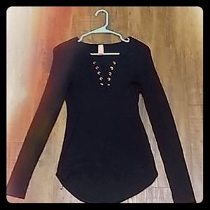 Long Sleeve Lace Up Front Ribbed Shirt